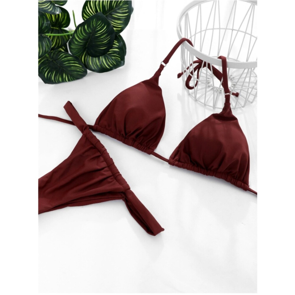 Large / X-Large High Stretch Brown Halter Micro Triangle Thong Bikini Swimsuit